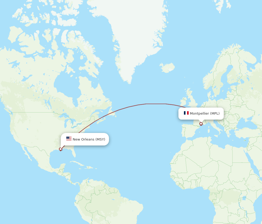 New Orleans - Montpellier route map and flight paths