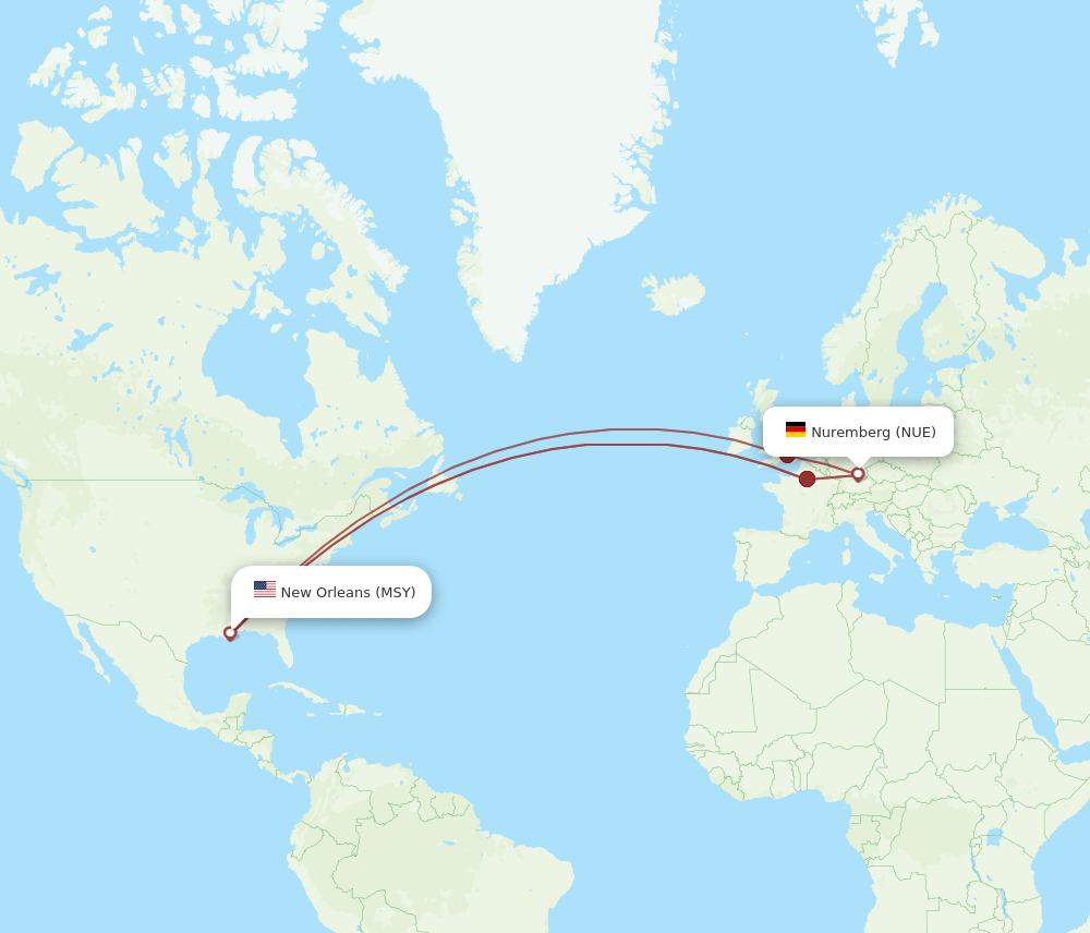Nuremberg - New Orleans route map and flight paths
