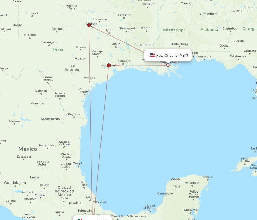 MSY to OAX flights and routes map