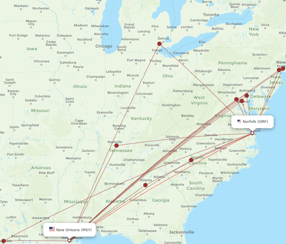 MSY-ORF flight routes