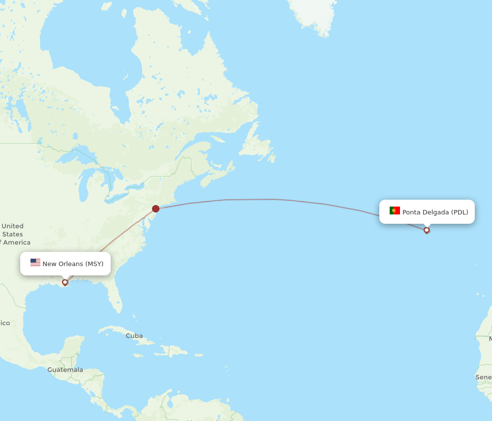 Ponta Delgada (Azores) - New Orleans route map and flight paths