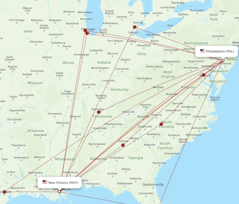 MSY-PHL flight routes