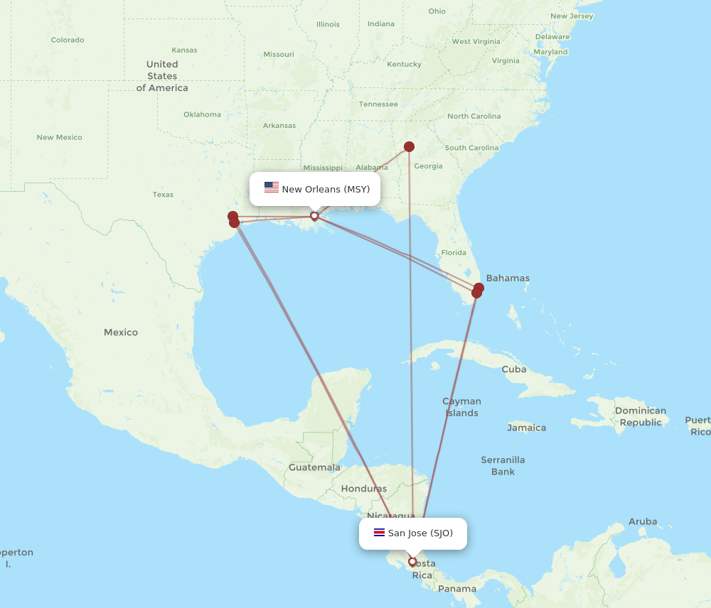 MSY-SJO flight routes
