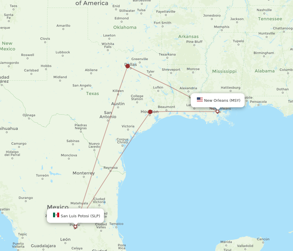 MSY to SLP flights and routes map