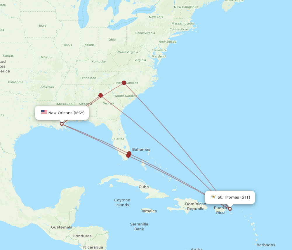 MSY to STT flights and routes map