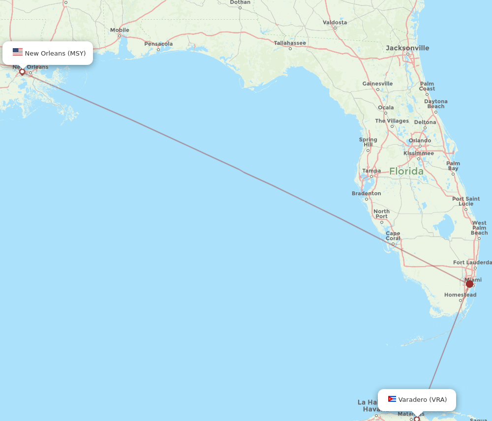 New Orleans - Varadero route map and flight paths