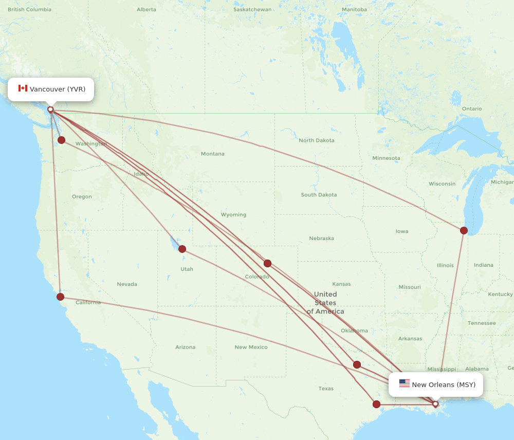 Vancouver - New Orleans route map and flight paths