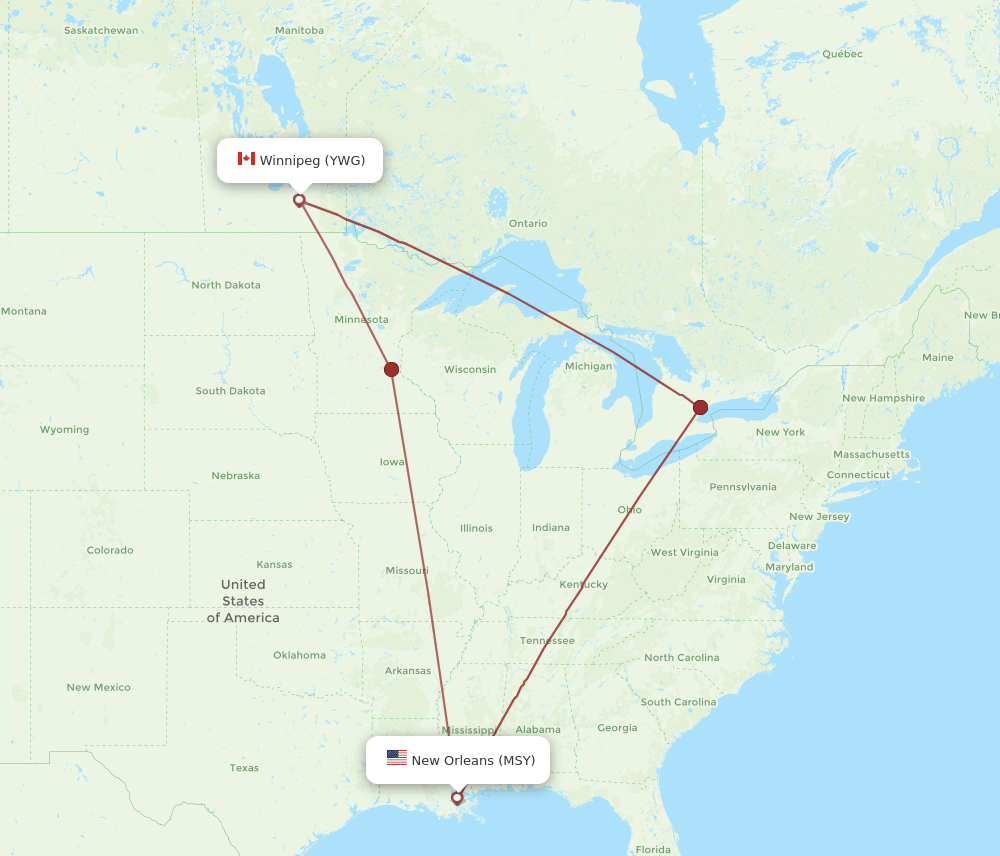 Winnipeg - New Orleans route map and flight paths