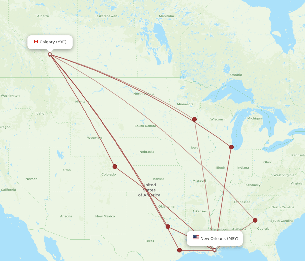 MSY-YYC flight routes