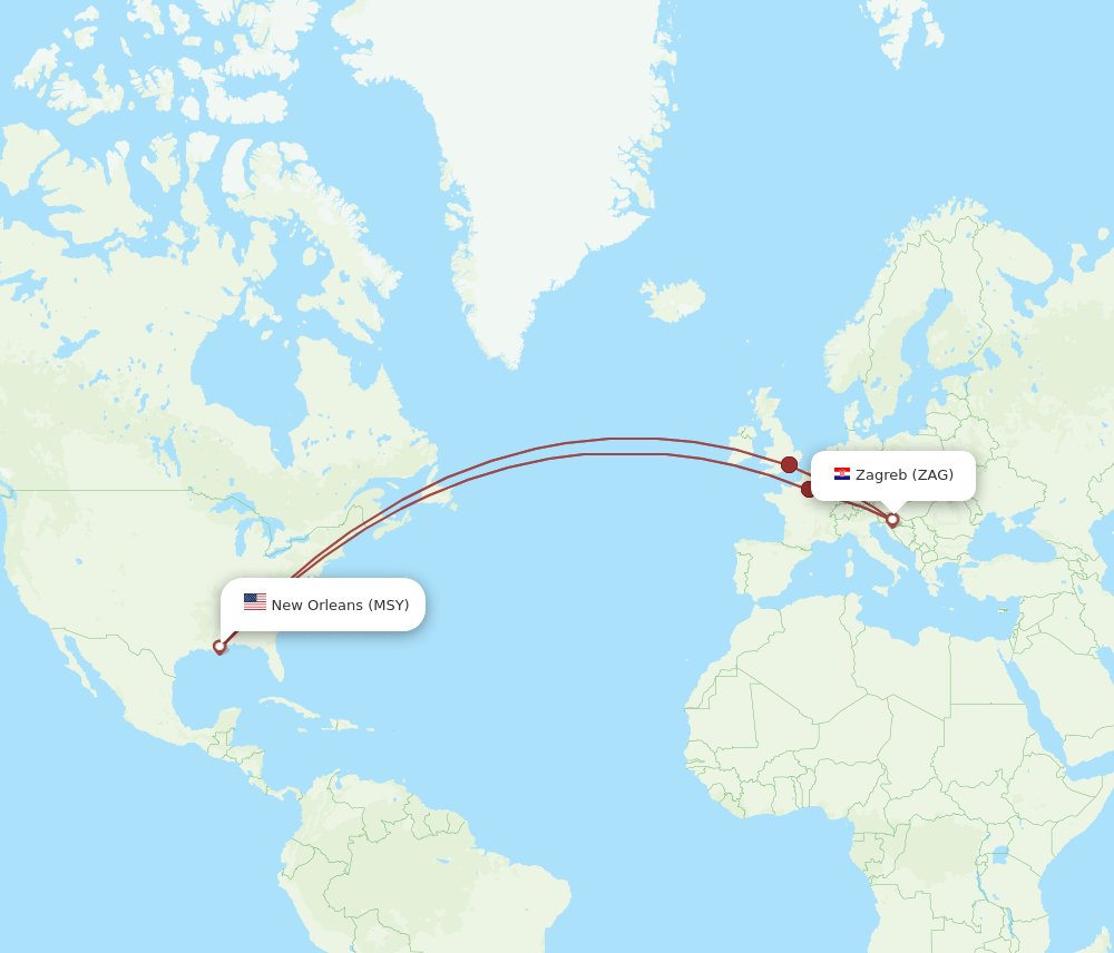 MSY-ZAG flight routes