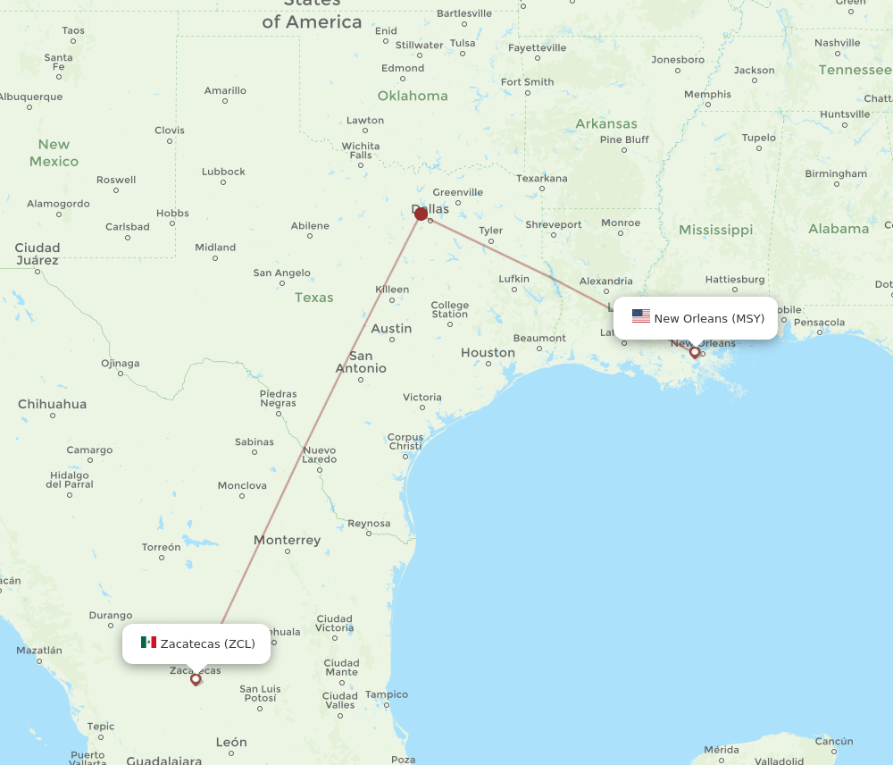 MSY to ZCL flights and routes map