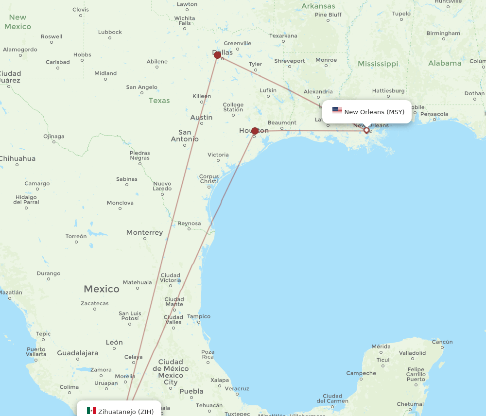 MSY to ZIH flights and routes map