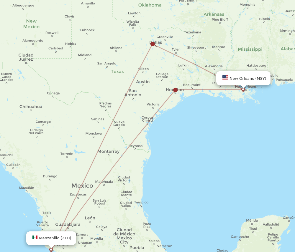 MSY-ZLO flight routes