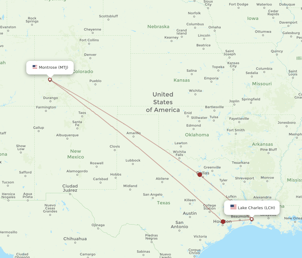 MTJ to LCH flights and routes map