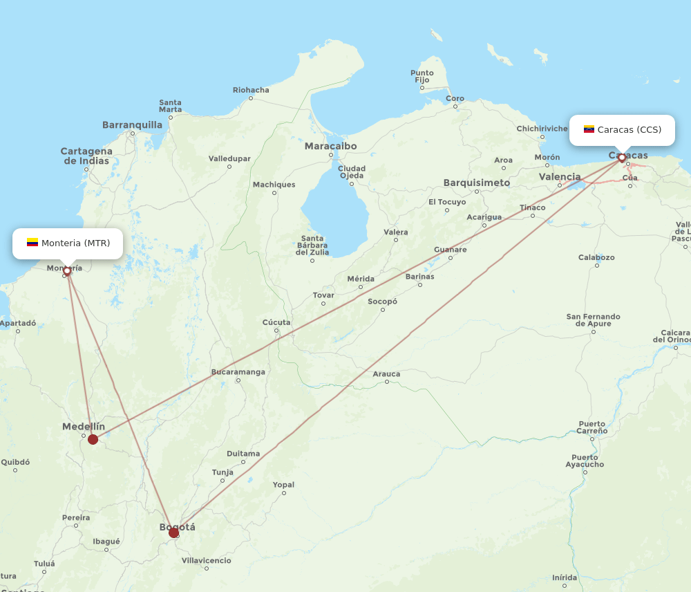 Monteria - Caracas route map and flight paths