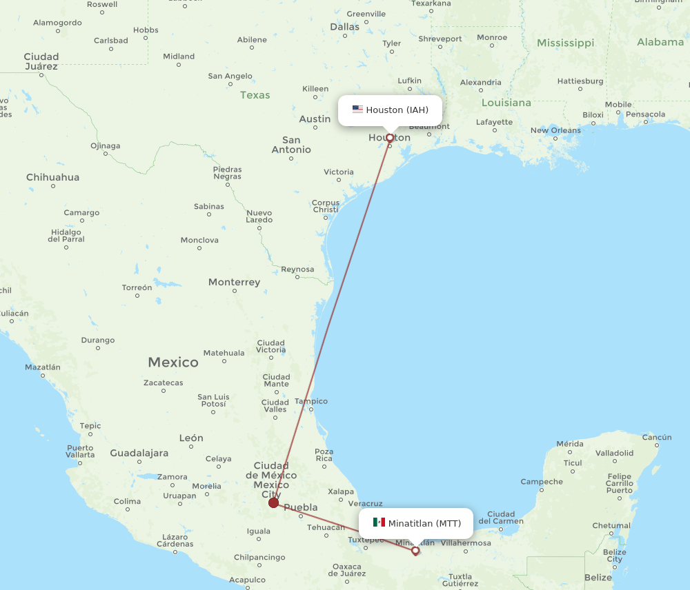 MTT to IAH flights and routes map