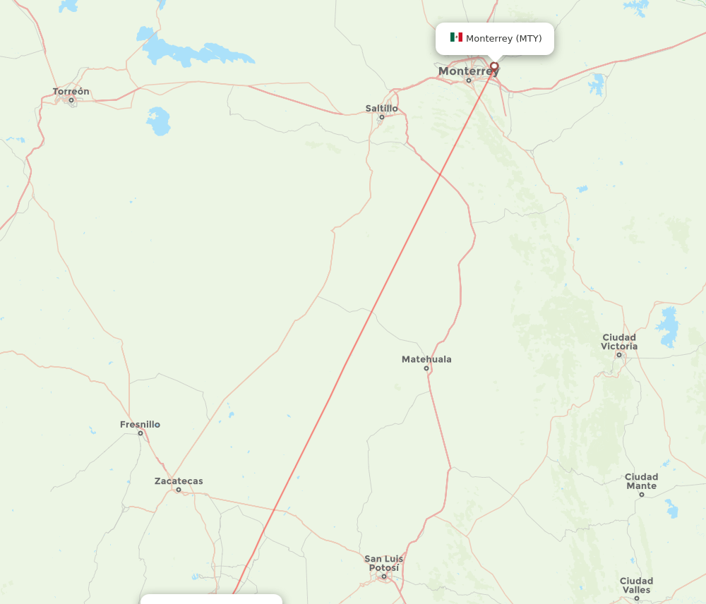 Monterrey - Aguascalientes route map and flight paths