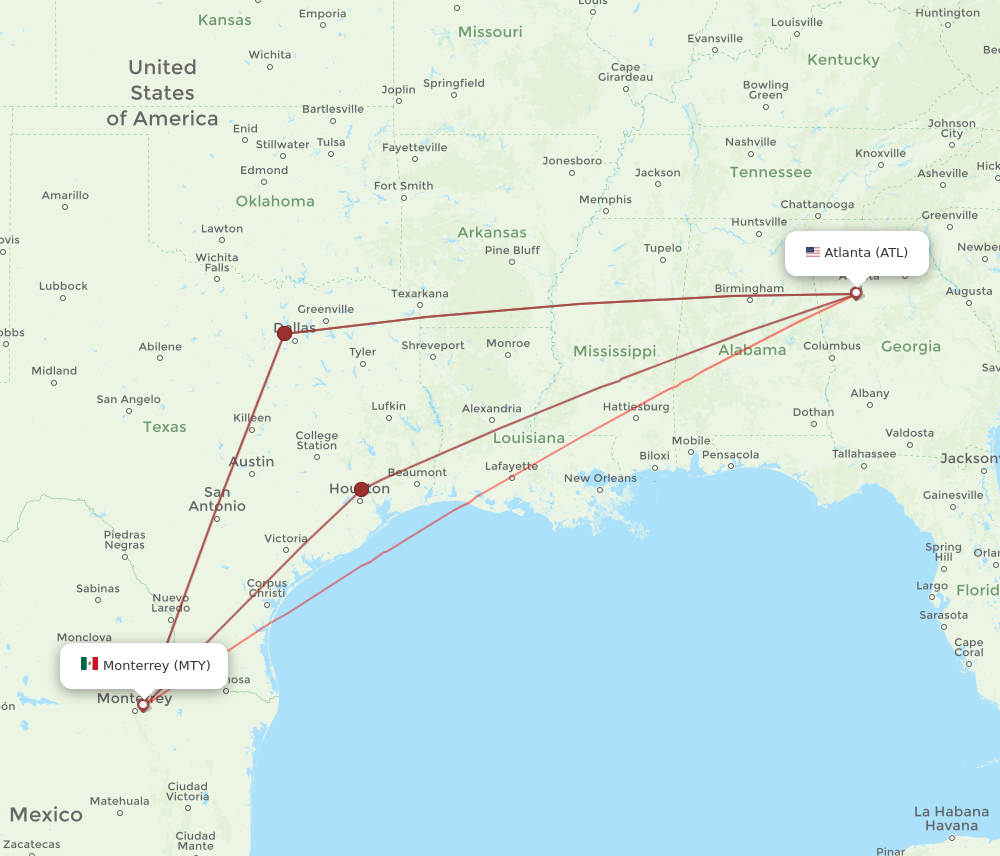 MTY to ATL flights and routes map