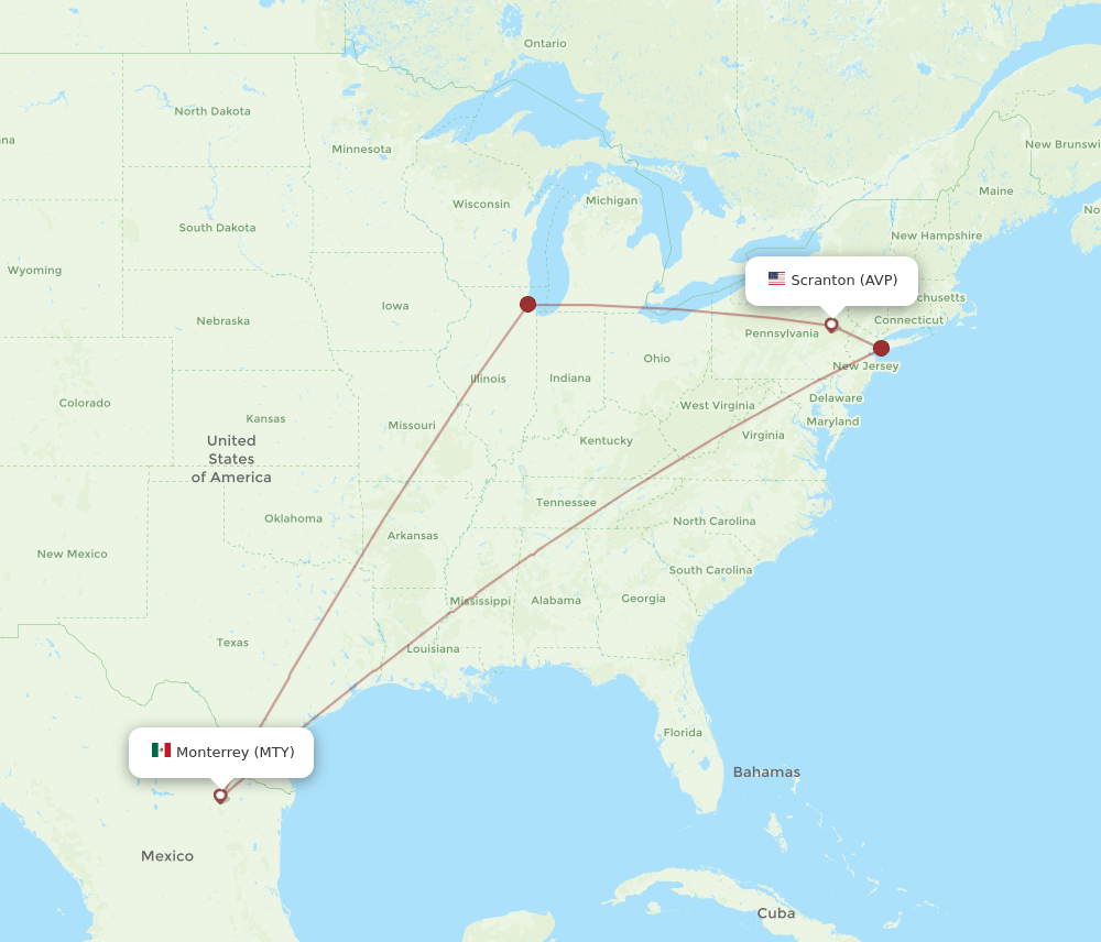 MTY to AVP flights and routes map