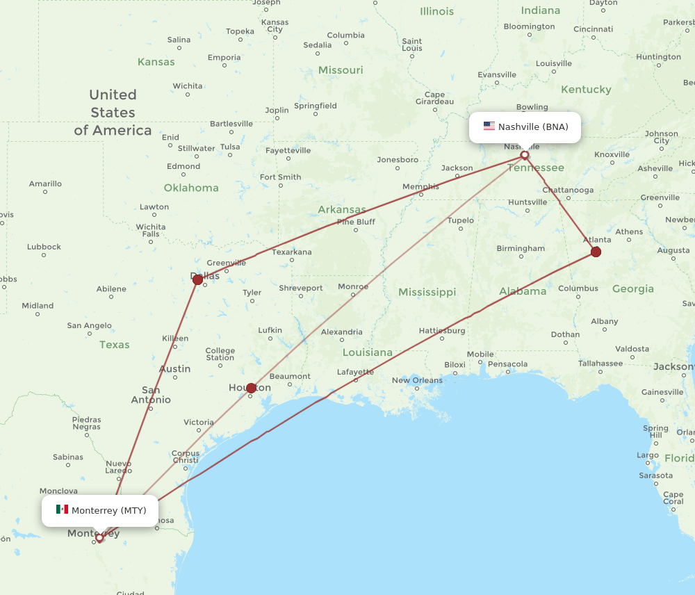MTY-BNA flight routes