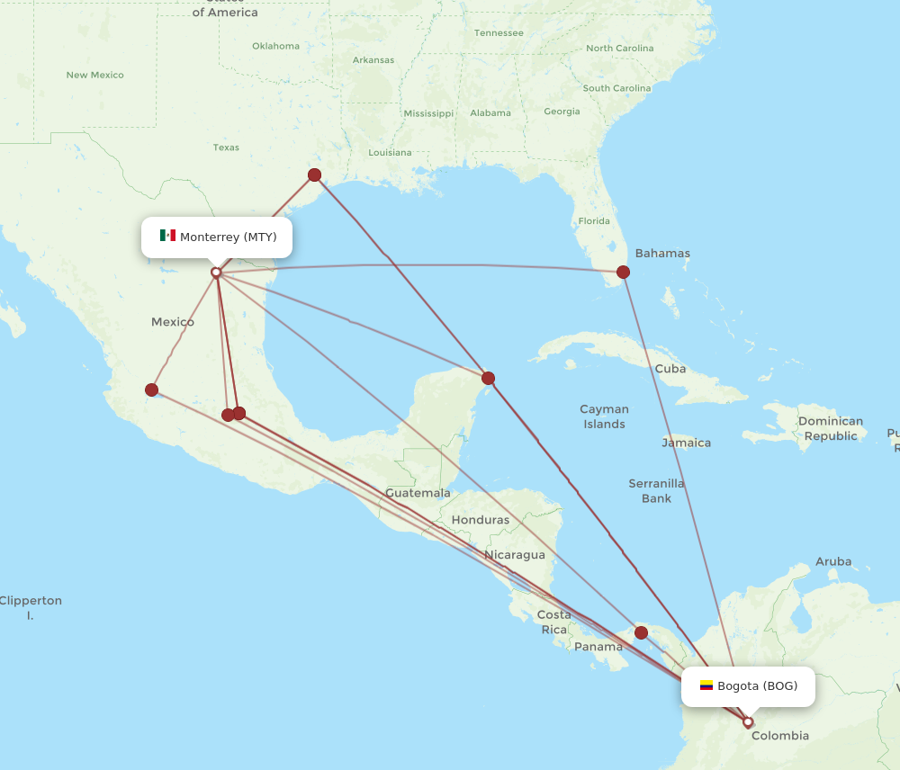 MTY to BOG flights and routes map