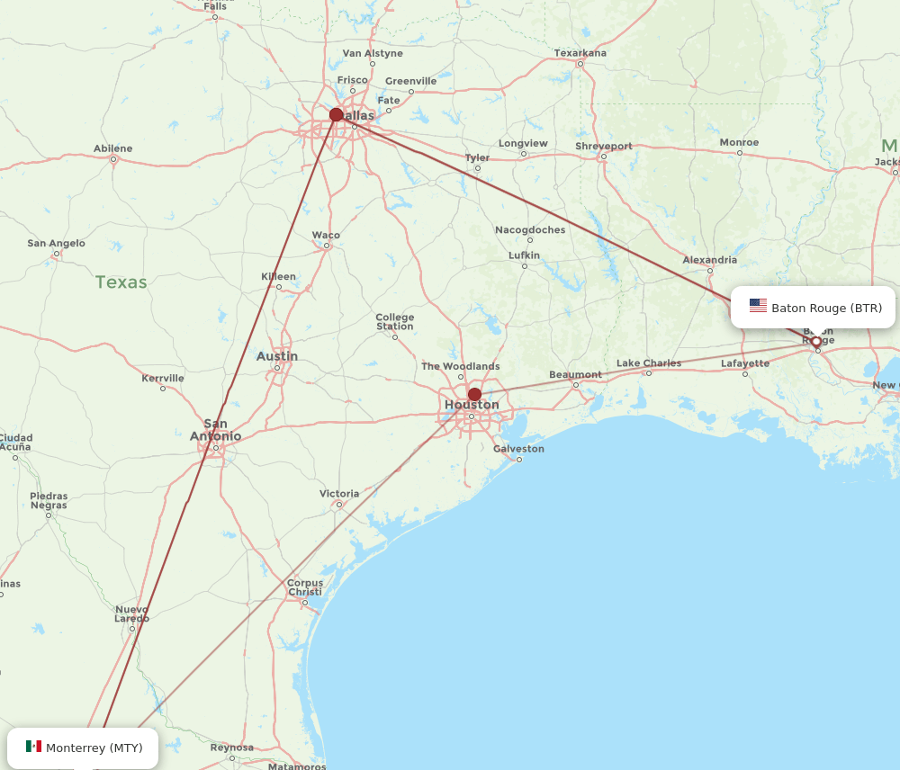 MTY to BTR flights and routes map