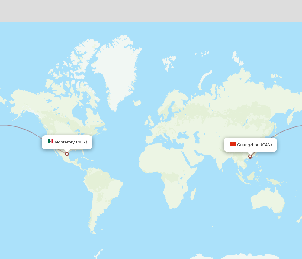 Guangzhou - Monterrey route map and flight paths