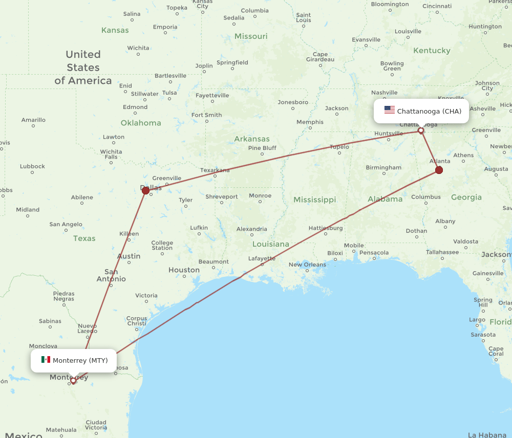 MTY to CHA flights and routes map