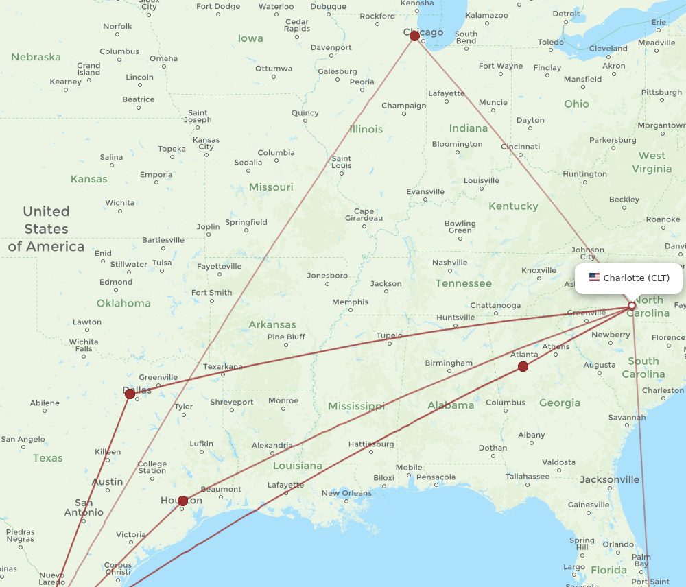 MTY to CLT flights and routes map