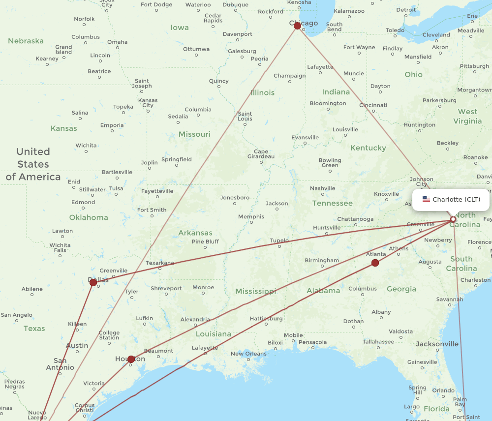 MTY to CLT flights and routes map