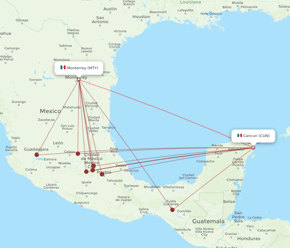 MTY to CUN flights and routes map