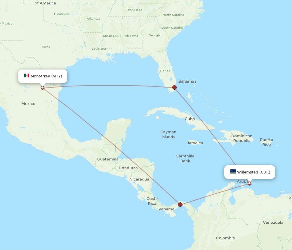 MTY-CUR flight routes