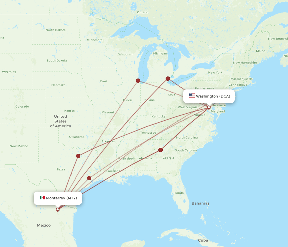 MTY-DCA flight routes