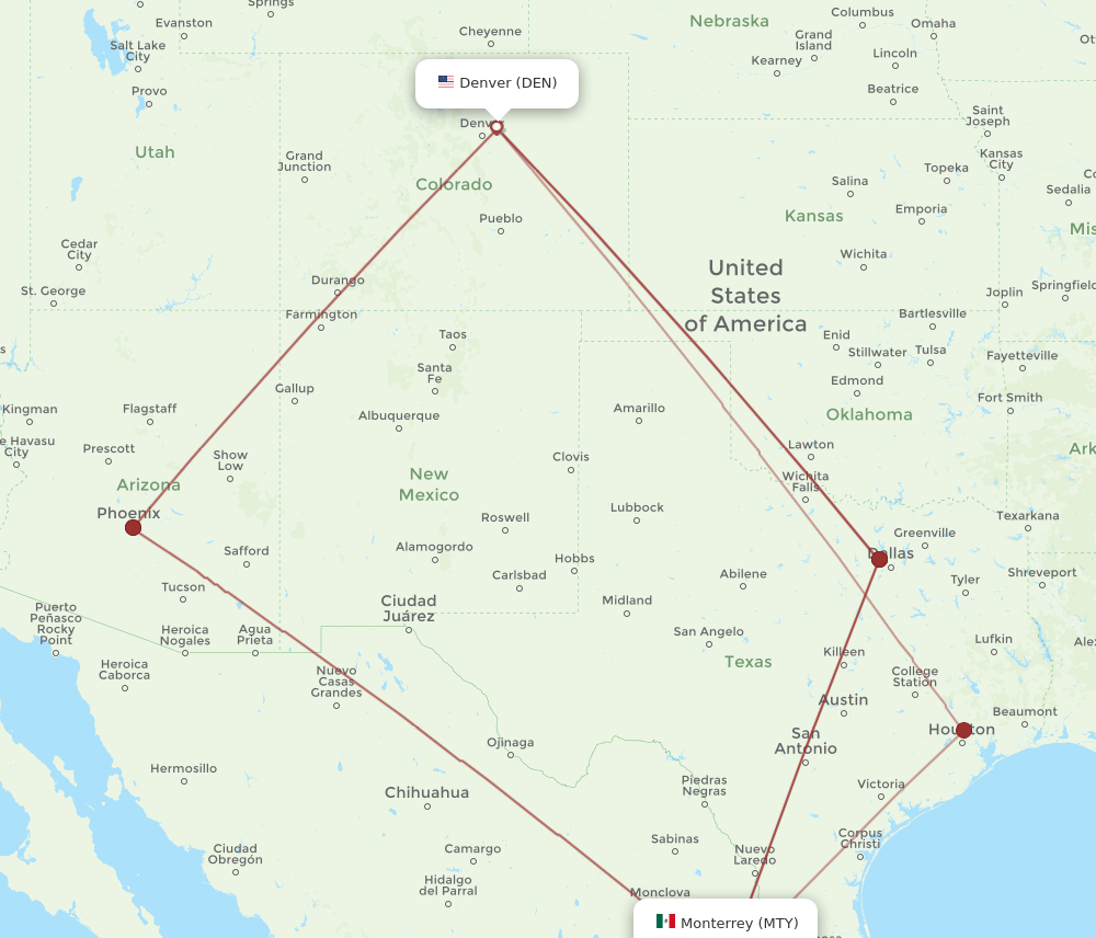 MTY to DEN flights and routes map