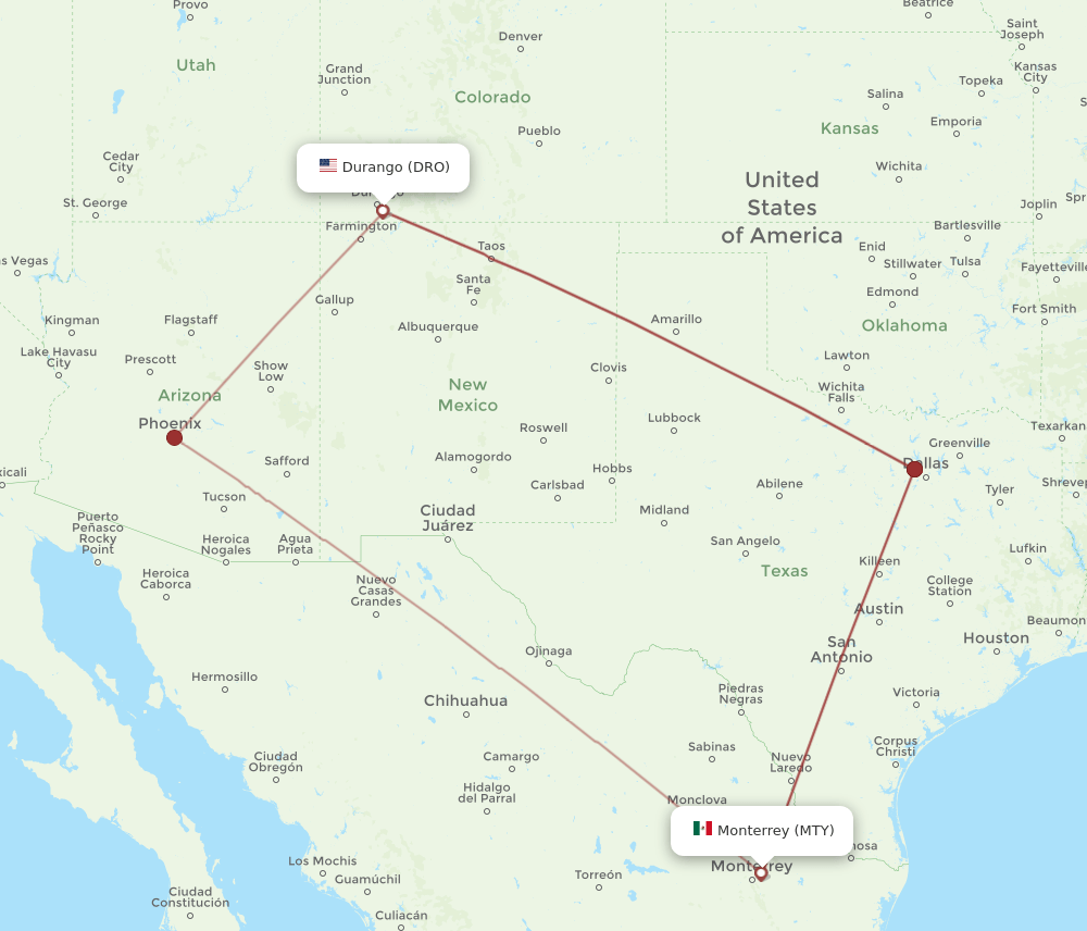 MTY-DRO flight routes