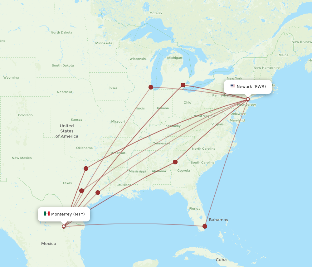 MTY to EWR flights and routes map