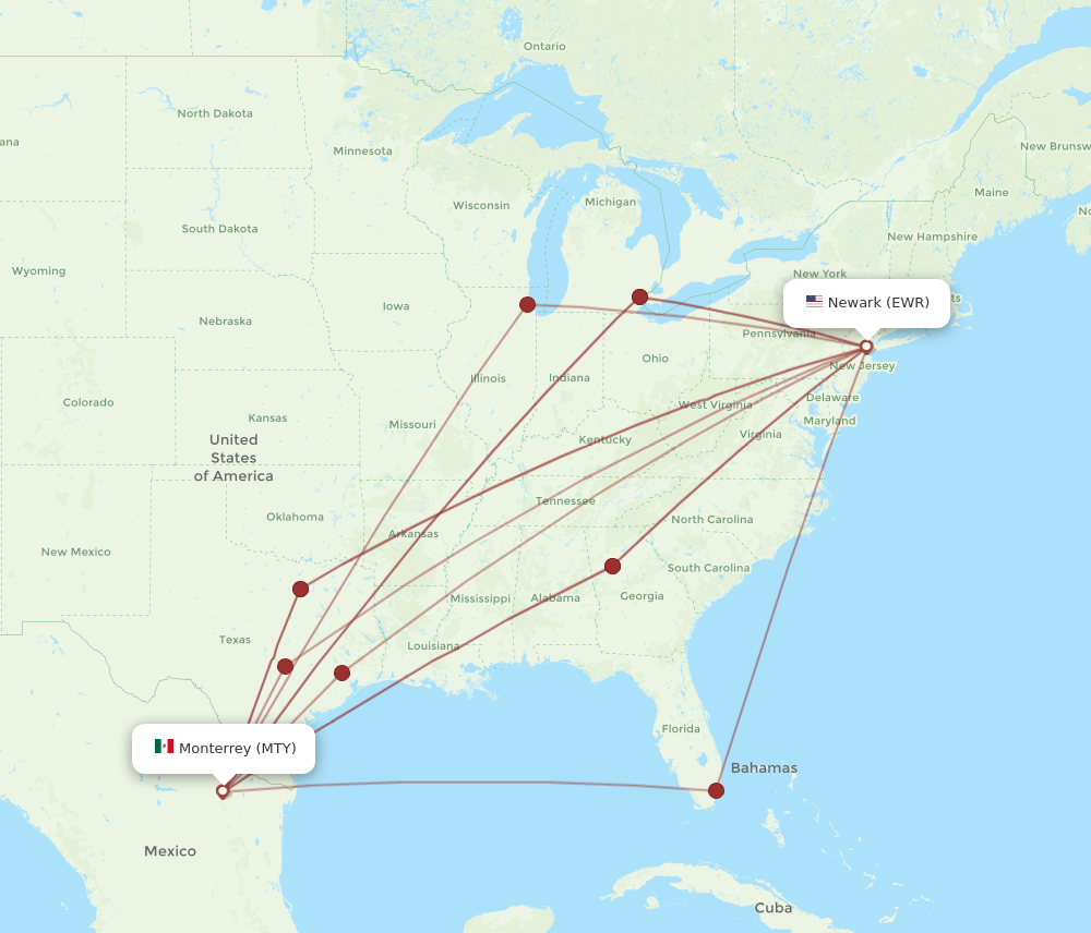 MTY-EWR flight routes
