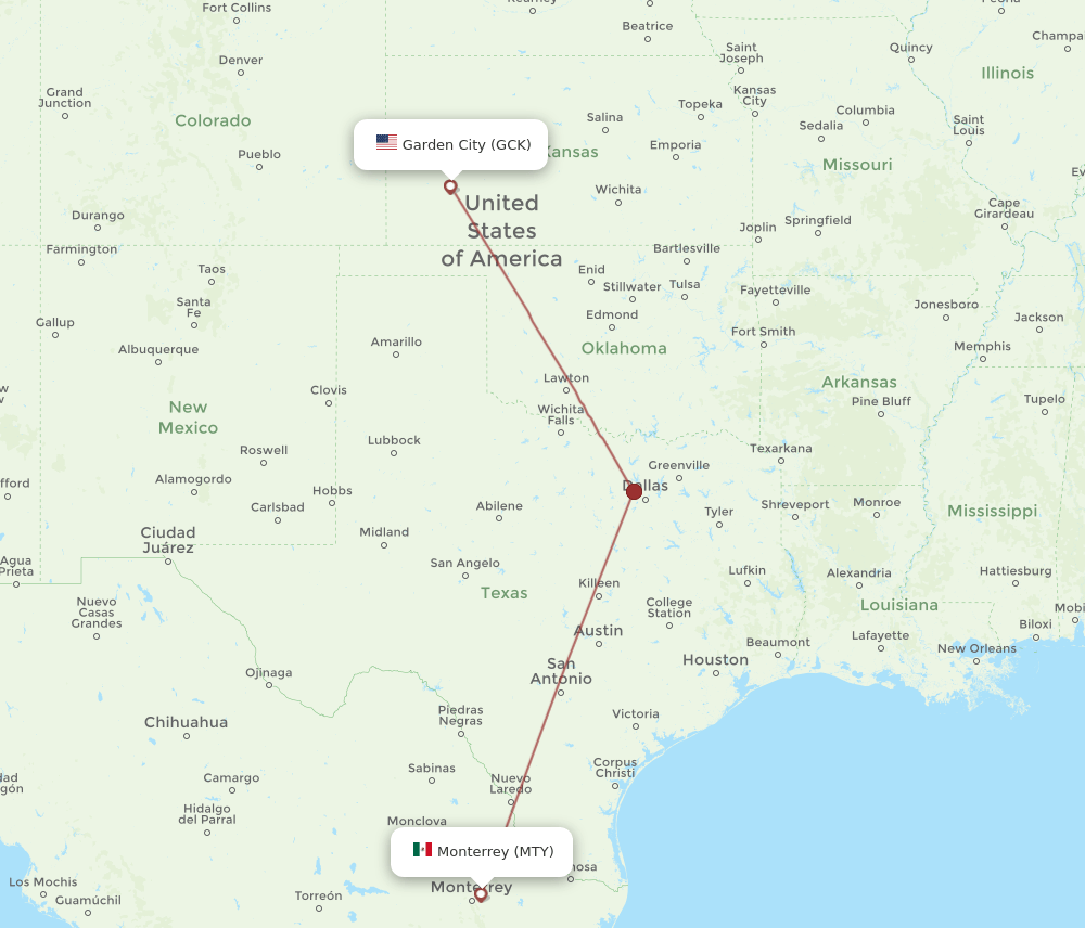 MTY to GCK flights and routes map