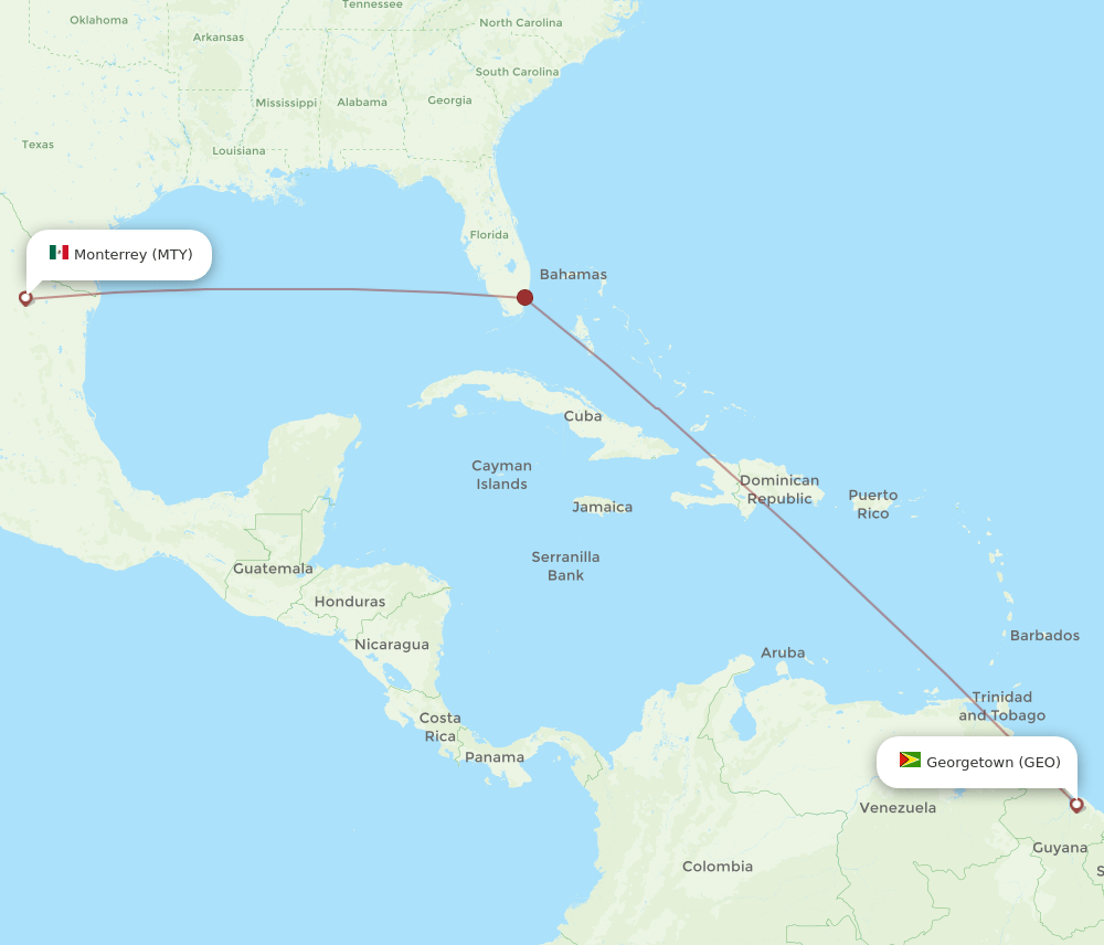 Georgetown - Monterrey route map and flight paths