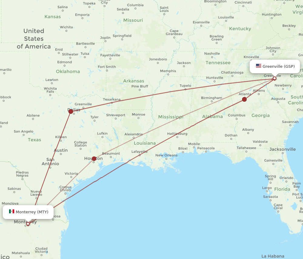 MTY to GSP flights and routes map