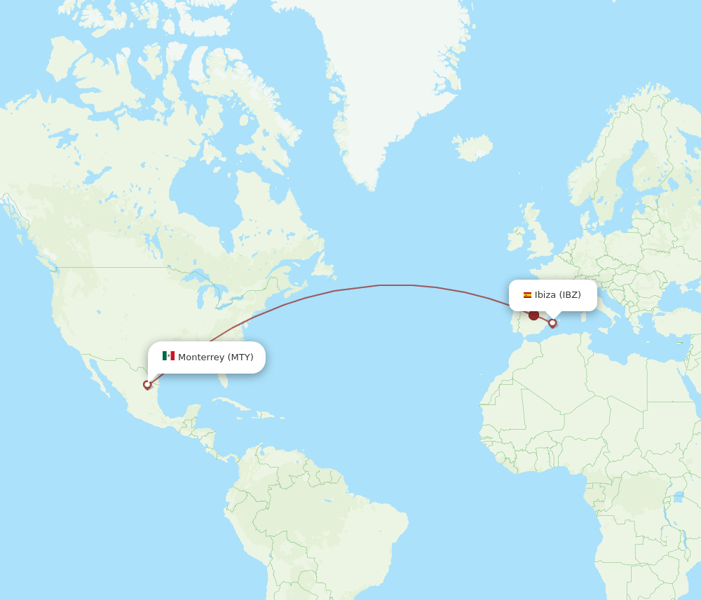 Ibiza - Monterrey route map and flight paths