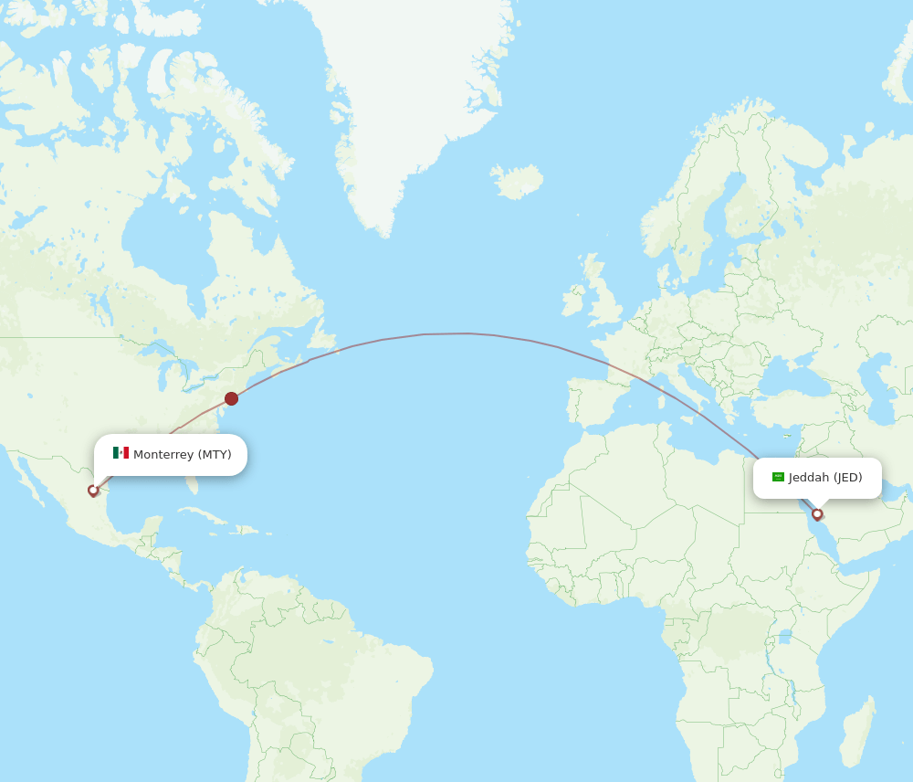 Jeddah - Monterrey route map and flight paths