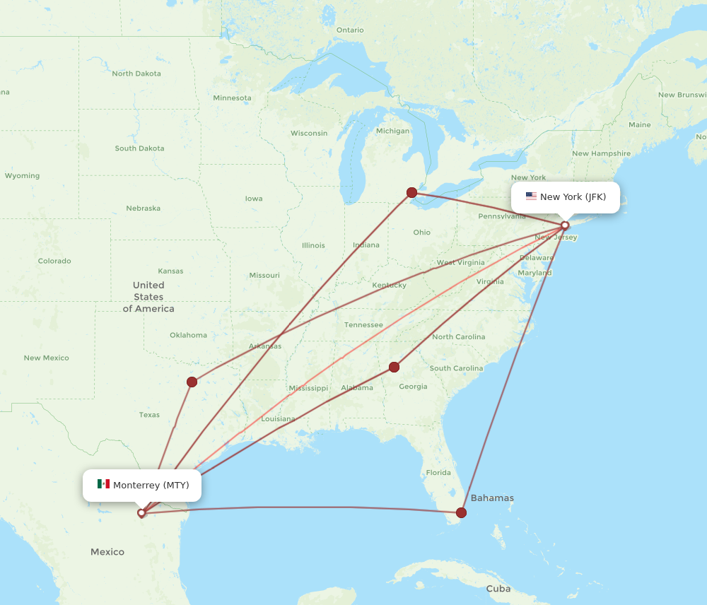 MTY to JFK flights and routes map