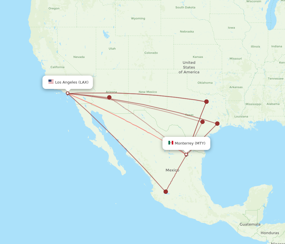 MTY to LAX flights and routes map