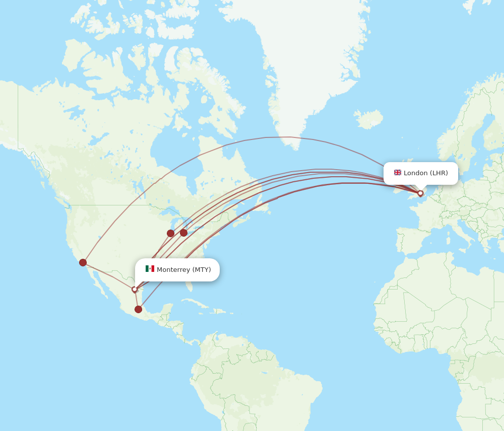 MTY to LHR flights and routes map