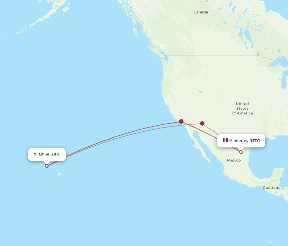 Kauai Island - Monterrey route map and flight paths