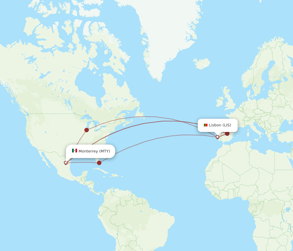 MTY to LIS flights and routes map