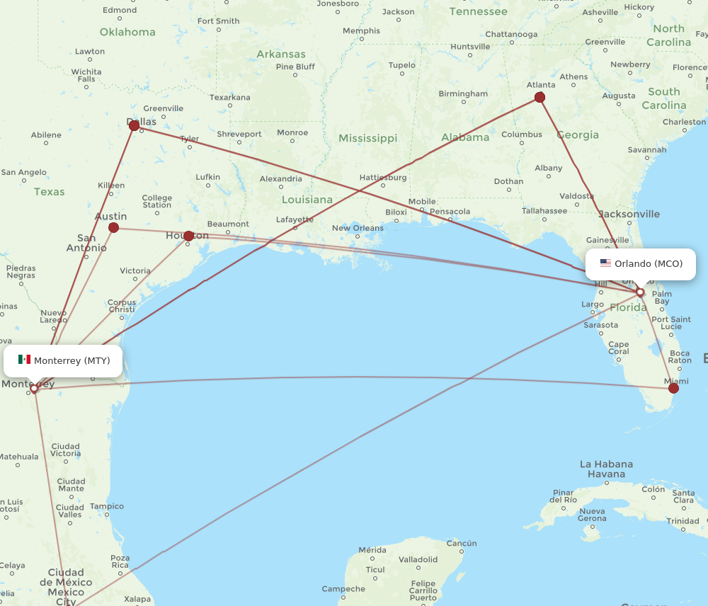 MTY to MCO flights and routes map