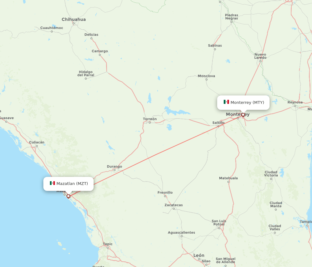 Monterrey - Mazatlan route map and flight paths