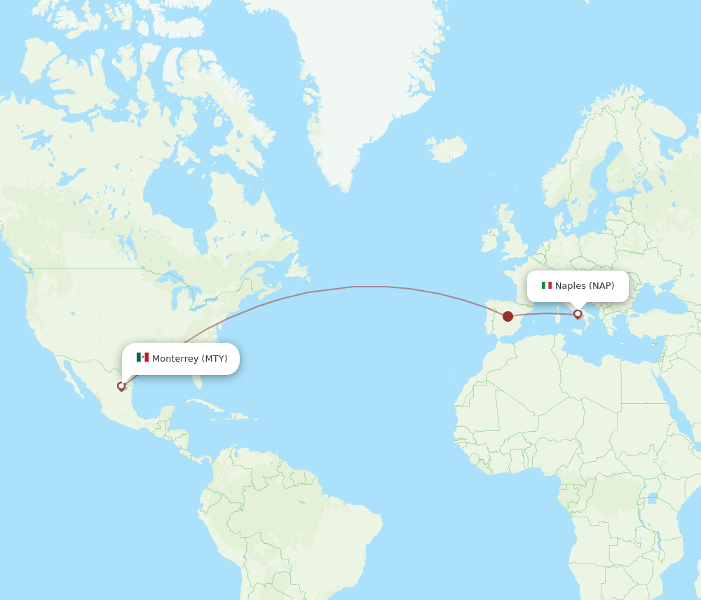 Naples - Monterrey route map and flight paths